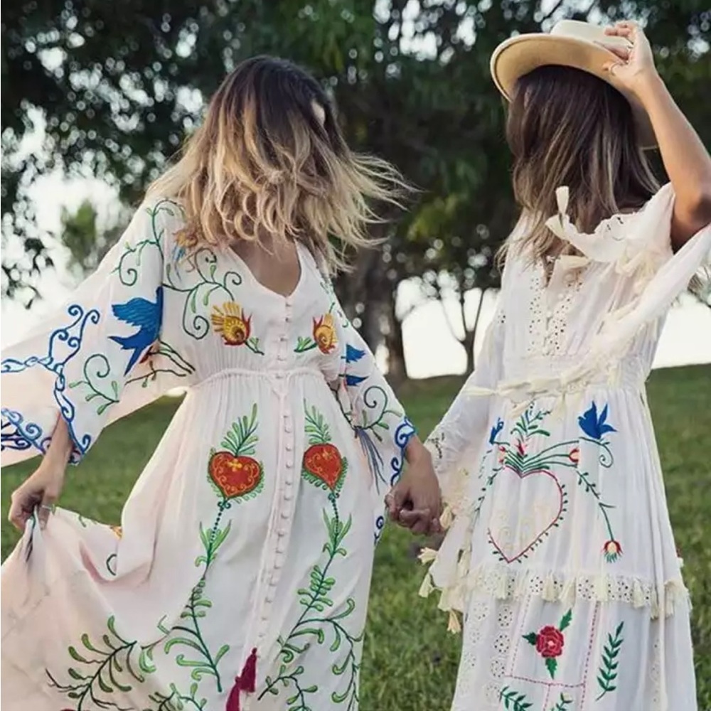 Embroidered White Floral Boho Kimono Dress